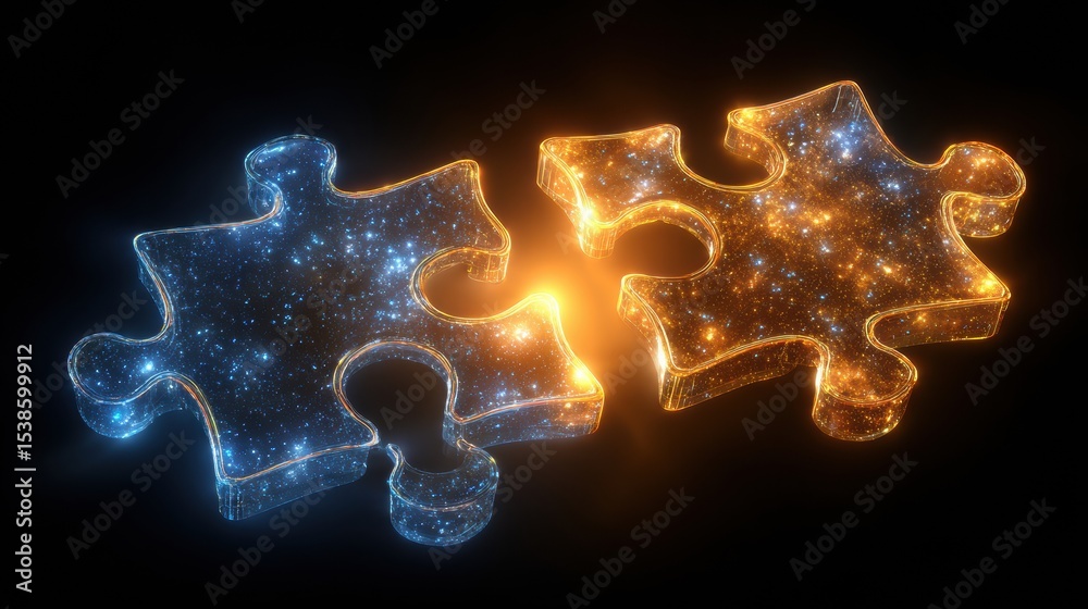 Poster Two Glowing Puzzle Pieces Connect in a Cosmic Display of Light and Color in a Dark Backdrop, Symbolizing Unity and Connection
