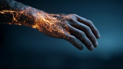 Orange glowing particles illuminating scarred skin, revealing intricate healing process and potential medical technology for tissue regeneration on human male hand and forearm against dark backdrop