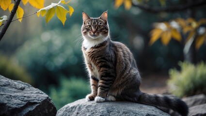 Feline perched atop rugged stones in a striking high-contrast shot with blurred background