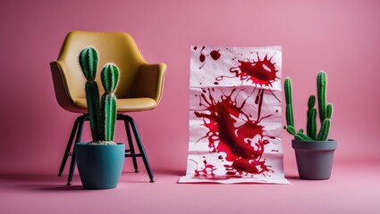 Pink background featuring a cactus and bloodstained paper alongside a chair, illustrating hemorrhoid themes