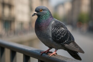 A bird perched on a railing in an urban setting