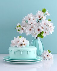 Pastel Teal Mini Drip Cake with White Cherry Blossoms