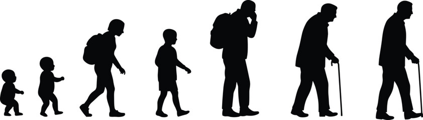 Evolution of Human Life Stages, From Toddler to Elderly, Silhouette Series Depicting Growth, Maturity, and Aging with Different Life Phases, Ideal for Educational, Health, and Lifestyle Content