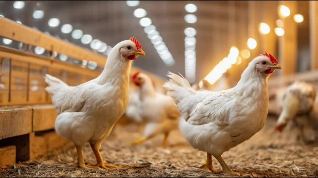 Proud white chickens showcasing modern poultry farming in a rural agricultural setting during evening hours

