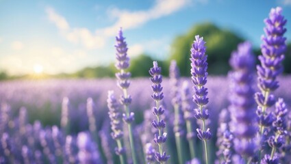 Obraz premium A vibrant field of blooming lavender with soft, blurred background