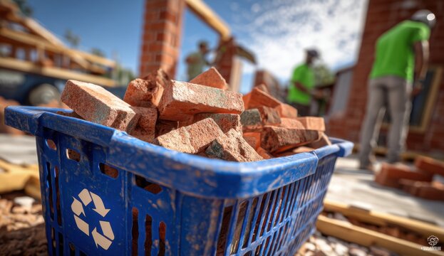 A blue recycling bin filled with red bricks sits on a construction site with workers and incomplete brick walls in the background