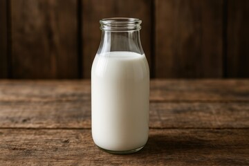 A rustic wooden table holding a milk bottle