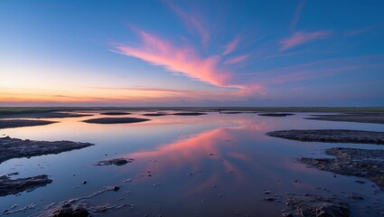 Abstract depiction of a nearly clear evening sky mirrored on the calm waters and muddy flats