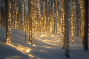 Winter forest illuminated by golden fairy lights wrapped around snowy trees creating a magical, festive, and enchanting atmosphere