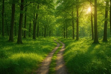 Scenic woodland scene featuring a slender trail and lush greenery
