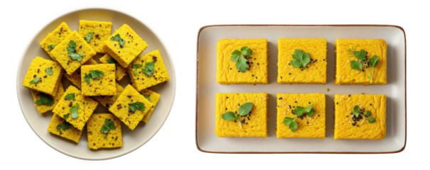 Dhakla Dish Delights: A pair of images showcase a delightful assortment of Dhakla, a savory, spongy snack, presented in two appealing arrangements