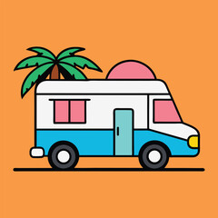Retro camper van with palm tree illustration vacation and travel theme
