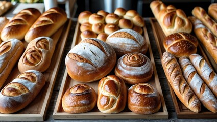 A selection of freshly baked bread and pastry items arranged on wooden trays, featuring baguettes, buns, and rolls, creating an attractive and tempting presentation.