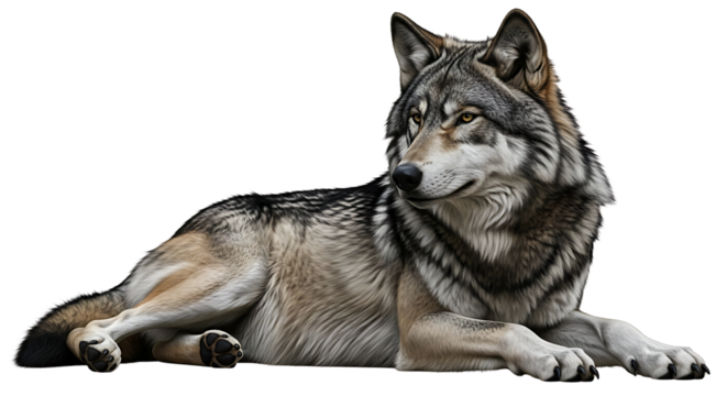 Resting Wolf Looking Left with Furry Coat and Relaxed Pose