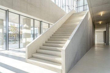 Obraz premium Minimalist staircase in modern architecture with concrete surfaces and natural light symbolizing simplicity, design, and contemporary spatial elegance