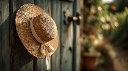 Beige Straw Hat with Cream Ribbon Hanging on Blue Wooden Door