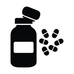 Pill bottle icon with medicine capsules,healthcare and pharmaceutical concept,black and white