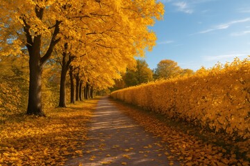 Naklejka premium Fall corridor with a hedge-lined walkway and golden foliage