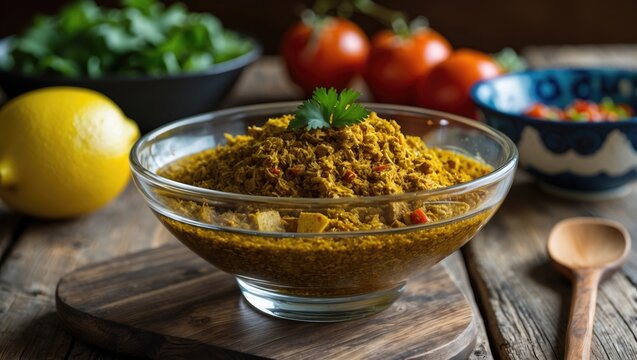 Chirmol served in a clear glass bowl placed on a wooden surface, a common side dish for tacos in Central America.