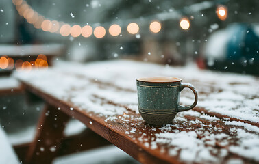Blue speckled mug on snow covered wooden picnic table with warm background lights
