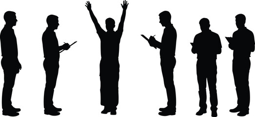 Silhouette of a group of people in various poses, including standing, raising hands, and taking notes, with clean white background, suitable for business, leadership, and teamwork themes