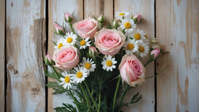 Rustic shabby chic decor featuring chamomile and rose blossoms against a wooden backdrop, perfect for special occasions with space for personalized message - Powered by Adobe