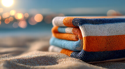 Folded Striped Beach Towels on Sandy Beach at Sunset