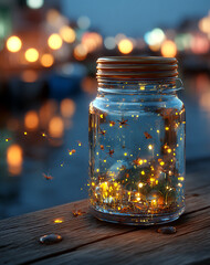 Glass Jar Filled with Glowing Fireflies on Wooden Surface at Night