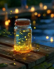 Glass Jar Filled with Glowing Fireflies on Wooden Dock at Night