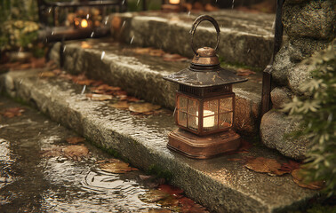 Glowing Lantern on Rainy Stone Steps at Night