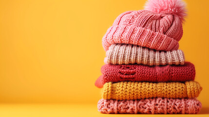 
Stack of children's warm clothes and hat on yellow background. Kids pink clothes for spring, autumn or winter. Fashion kids outfit