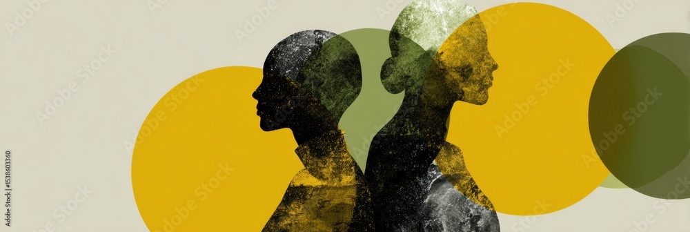Poster Two Silhouettes Merging Into One Abstract Form Represented in a Harmonious Blend of Shapes and Colors, Evoking Unity and Connection