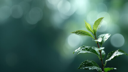 Fresh green plant with dewdrops on its leaves stands out against blurred, bokeh background, creating serene and natural atmosphere