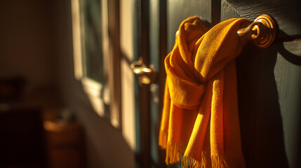 Golden Yellow Scarf Draped on Dark Wooden Door in Warm Sunlight