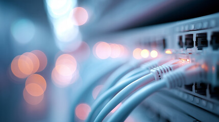 Close up of network cables connected to server, with soft focus on glowing lights in background, creating futuristic and technological atmosphere