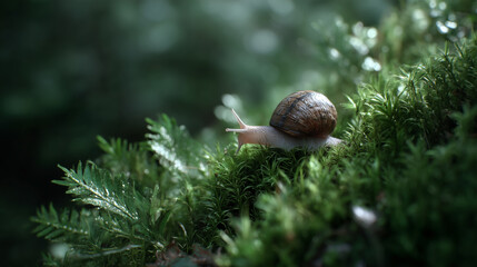 Small snail with brown shell crawls on lush green moss in soft, natural light environment, creating peaceful and serene nature scene