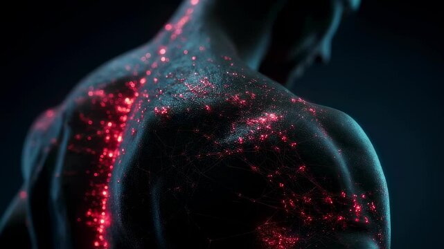 Detailed medical visualization showing red glowing dermatomes mapping painful nerve pathways and viral inflammation spreading across male back during shingles infection