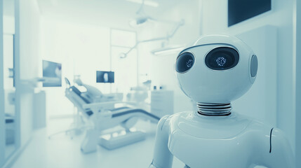 Futuristic white robot with large black eyes stands in bright modern dental clinic, symbolizing advanced technology and innovation in healthcare environments