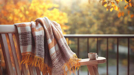 Cozy plaid blanket with fringes draped over wooden chair on balcony, next to cup of hot cocoa, surrounded by warm autumn colors and soft sunlight