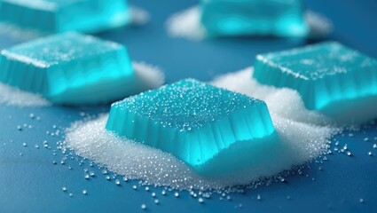 Close-up of turquoise sugar gelatin with a sugary background
