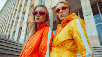 Sport fashion, sport casual style. Beautiful female models poses in bright sports suits and sunglasses on the city street. Fashion shot.