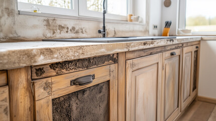Mold grows inside wooden kitchen cabinets, kitchen counters, dirt and moisture of wood, maintenance, germs that come with mold during cooking.