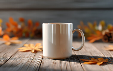 Off White Mug on Wooden Table with Autumn Leaves Background