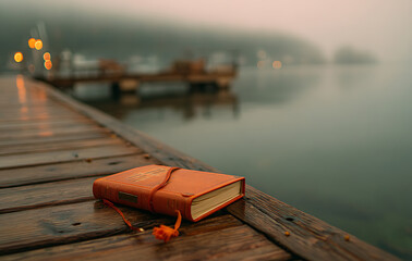 Orange Leather Journal on Wet Wooden Dock at Foggy Lake Sunrise