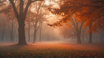 Morning fog drapes the park during autumn