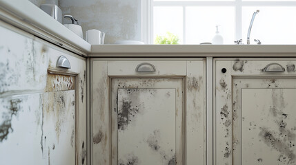 Mold grows inside wooden kitchen cabinets, kitchen counters, dirt and moisture of wood, maintenance, germs that come with mold during cooking.