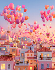 Pastel Pink Cityscape with Heart Balloons at Sunset