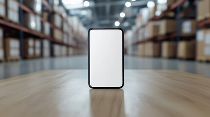 Smartphone with blank screen standing on wooden table in warehouse aisle, modern technology concept with copy space for text or app, bright and clean environment