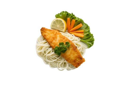 Delicious Crispy Fried Fish Fillet Served with Noodles and Vegetables
