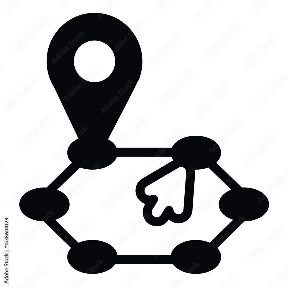 Poster location pin and route with mouse cursor solid icon, navigation concept. vector graphics. position m